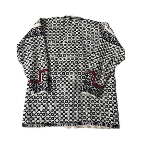 Norlender Wool Cardigan Size L Pewter Button Front Cream Black Red - Picture 2 of 11